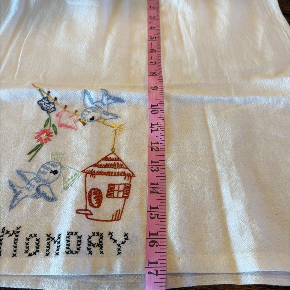 Vintage Embroidered Embroidery Monday Tea Towel with Birds Hand Stitched Retro - Picture 7 of 9